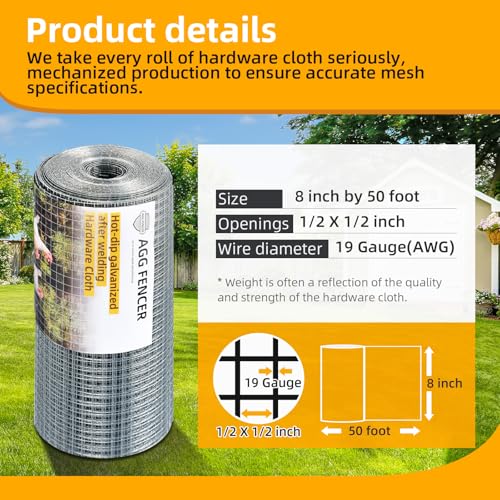 8inch x 50ft Hardware Cloth 1/2 inch Chicken Wire Fencing 19Ga | Hot Dipped Galvanized After Welding Garden Plant Supports Welded Metal Chicken Wire Fence Poultry Animal Netting Cage Screen - size: 1/2in 8in x 50ft