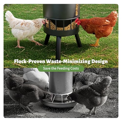 KOL 50LB Metal Chicken Feeder - No Waste, No Clog Design with 16 Ports & Smooth Gravity-Flow, Powder Coated Rust-Proof for Coop Use (Black) - color: Black