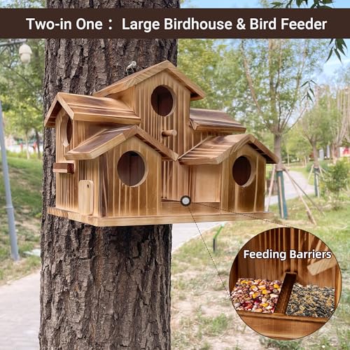 Bird House for Outside 5 Hole Bird Houses Room for 5 Bird Families Large Bird House for Garden/Courtyard/Backyard for Garden Decor-Finch Bluebird Cardinals Handmade Wooden Hummingbird House - style: Castles