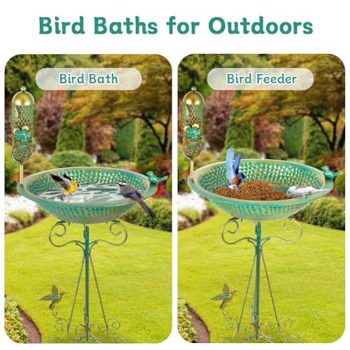 dreamysoul Bird Bath 13" Dia Bowl, Metal Birdbath with Mesh Feeder, Pedestal Bird Baths for Outside Outdoors Garden Patio Yard
