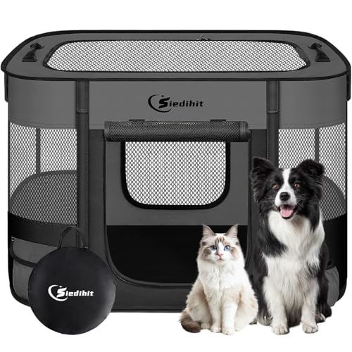 Siedihit 31" Dog Playpen,Cat Puppy Pen, Pet Portable Crate Indoor Outdoor | Durable Travel Camping Use,Foldable Dog Kennel Tent Cage for Rabbit Small Animals with Carrying Case(Dark Grey, Medium) - color: Dark Grey, size: Medium