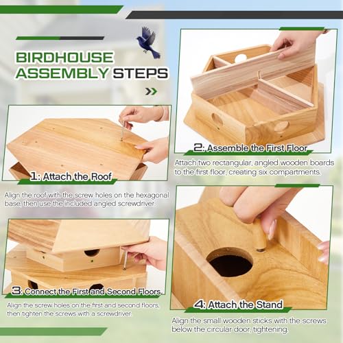 Yaocom Purple Martin House, 12 Room Martin BirdHouses for Outside, Sycamore Wood Construction & Waterproof(Wood Color,16.54 x 14.57 x 11.81 Inches)