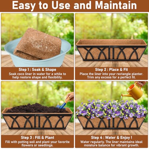 Riare 2 Pack 48 Inch Rectangle Coco Liners for Planters, Window Box Liners | 100% Natural Coconut Liners Replacement, Breathable Pre-Formed Planter Box Liner for Wall, Deck, Patio, Railing Planters - size: 48inch