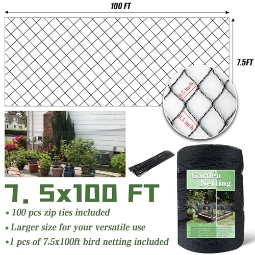 7.5 x 100 FT Bird Netting,1/2" Mesh Garden Netting,100PCS Zip Tie | Heavy Duty Bird Net Poultry Netting Fence for Chicken Coop,Fruit Trees,Plants and Vegetables Against Birds, Deer, Squirrels - size: 7.5 x 100 FT