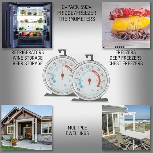 Taylor Large Dial Refrigerator Freezer Thermometer 2 Pack, 3 Inch Stainless Steel Fridge and Cooler Thermometer, Kitchen Appliance Temperature Gauge, Silver - size: 2 Pack