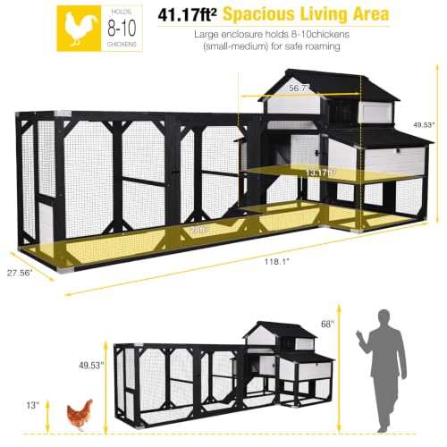 Aivituvin Extra Large Chicken Coop for 8-10 Chickens, Reinforced Outdoor Wooden Hen House with Run, 6 Nesting Boxes, Easy Clean Pull-Out Tray, Waterproof Asphalt Roof - Black, 118"L x 56.7"W x 50"H - size: 118.1"L x 56.7"W x 49.5"H