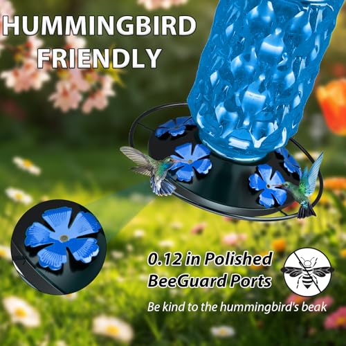 Glass Hummingbird Feeder for Outdoors, 25OZ Hummingbird Feeder with 5 Flower Ports & Perch, Leak-Proof, Crystal Clear – Hummingbird Feeders for Outdoors Hanging, Garden Decor,Gifts for Women Men(Blue) - color: Blue