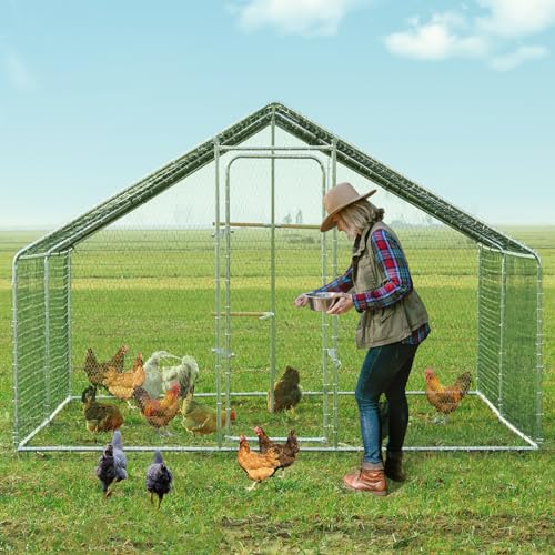 Chicken Coop Large Metal Chicken Run, Outdoor Walk-in Poultry Spire Roof Cage with Chicken Perch for Hen House, Duck Coop and Rabbit Run, Silver (9' L x 13.1' W x 6.56' H) - size: 157.5"L x 118.1"W x 78.7"H