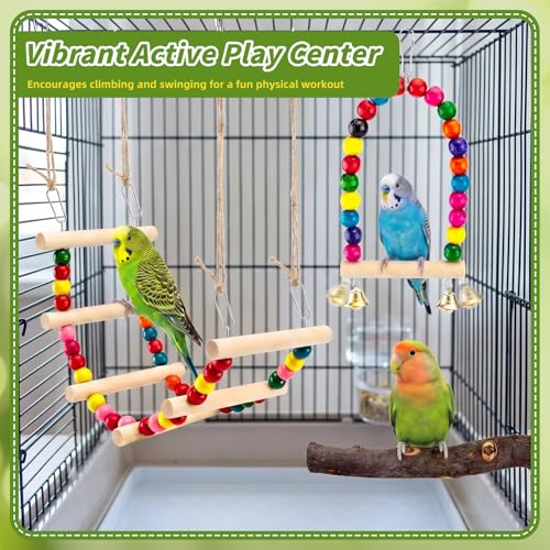 8 Pcs Natural Wood Bird Toys & Perches Set for Cages | Ideal for Small/Medium Parrots (Budgies, Conures) | Birch Ladder, Swing and Foraging Items for Cage Gym | Tool-Free Mount - size: Bird Toys & Perches Set