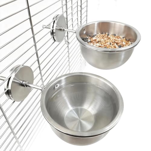 AOTU 2PCS Anti-Snatch Stainless Steel Parrot Feeding Cups with Locking Buckle - Bird Food & Water Bowls, Essential Bird Cage Accessories for Cockatiel, Conure, Budgie, Macaw Gray Parrot & Small Pet - color: S+L (10+12 oz)