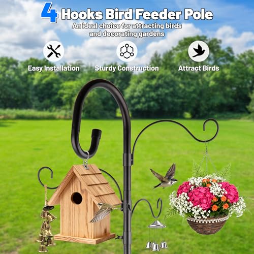 4-Hook Shepards Hooks for Outdoor,Adjustable 92 Inch Bird Feeder Pole with 5 Base Prongs,Garden Planter Stakes Suitable for Garden in Hanging Flower Basket,Lantern,Outdoor Décor