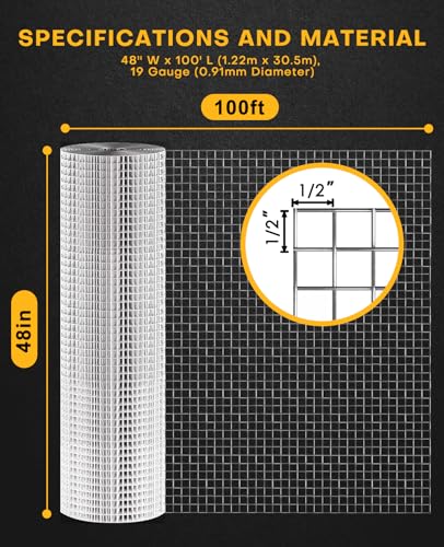 19 Gauge Hardware Cloth, 1/2 inch 48inch×100ft Chicken Wire Fence | Hot-dip Galvanized Welded Cage Wire Mesh Roll Supports Poultry Netting Cage Fence Poultry Animal Netting Cage Screen - size: 1/2" 48" x 100'