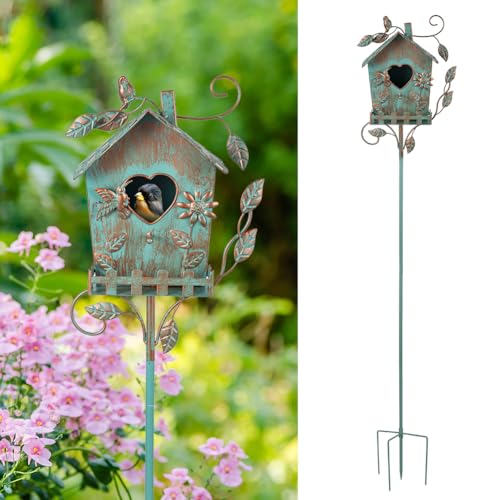 DREAMSOUL 48" Rustic Bird House Pole, Green Birdhouse for Patio | Metal Bird Houses for Outside Garden Yard Accent, Weatherproof Finish, Ornamental Aviary Style - style: Rustic