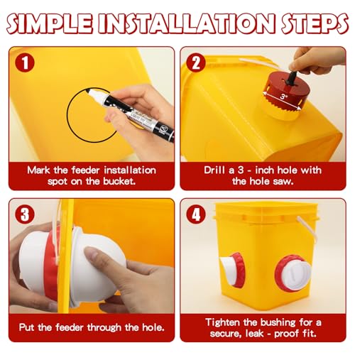 Chicken Feeders No Waste, DIY Automatic Poultry Feeder 8 Ports 1 Hole Saw with Covers Gravity Feed Kit for Buckets Barrels Bins Troughs（Red and White） - color: White and Red