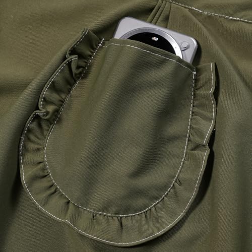 Cute Cotton Apron for Women, Adjustable Bib Cooking Kitchen Aprons with Pockets for BBQ Drawing Baking - color: Army Green