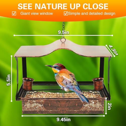 Window Bird Feeder, Metal Window Bird Feeder with 4 Strong Suction Cups, Wild Bird Feeders for Outdoors Hanging, Removable Tray with 2 Water Cups, Easy Clean and Fill
