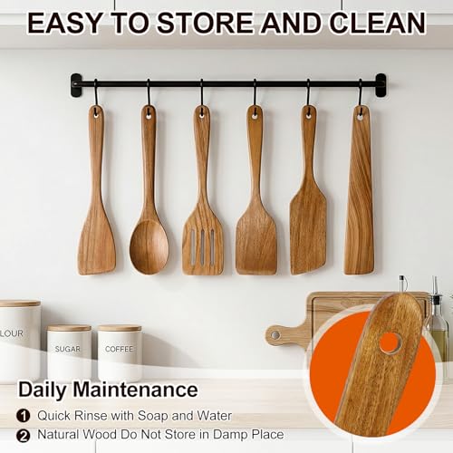 6 Pack Acacia Wood Spatula Set Non Toxic Kitchen Utensils for Cooking Spoon | Flat Wooden Wok Spatula Spurtle Kitchen Spoon Slotted Turner Scraper Bamboo Cooking Utensil Set Fish Egg Flipper Spatulas - color: 6Pcs-Utensils