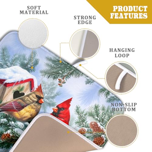Winter Red Cardinal Bird Dish Drying Mat for Kitchen Counter,Holly Berry Branches Xmas Snowflake Cabin Drying Mat 16 x 18 Inch with High Absorbent Microfiber Drainer Mat for Coffee Bar - color: Red Bird, size: 16" x 18"