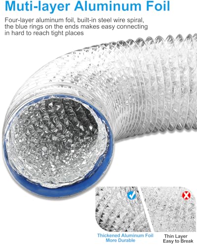 GDSTIME 4 Inch Dryer Vent Hose 10 FT, Flexible Aluminum Ducting w/ 2 Clamps | Heavy Duty, Muti Layer Protection, Tool-Free, for Tight Space, Heating Cooling Ventilation Exhaust - Silver (4 Inch 10 Feet) - style: 4″ x 10 FT Hose
