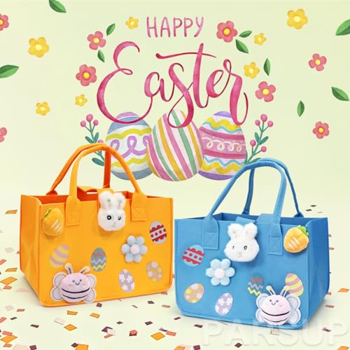 2PCS Easter Egg Hunt Bags Happy Easter Bunny Gift Bags with Handles, Easter Treat Bags, Felt Easter Bags for Gifts Wrapping, Egg Hunt Game, Easter Party Supplies, 12" x7.8" x6.8"(Blue + Orange)