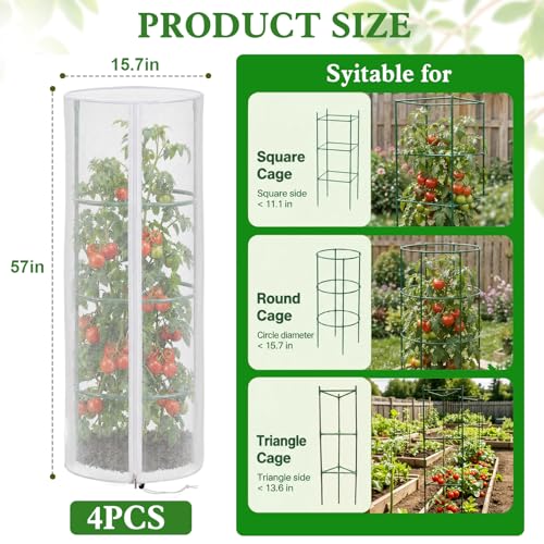4 Pcs 57"X15.7" Round Tomato Netting with Zipper, Insect Bird Cover | Round Tomato Cage Mesh Cover, Drawstring, Garden Protection Netting, Tomato Trellis, Climbing Plants - size: Round-4PCS
