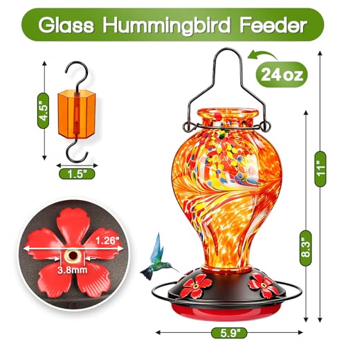 Hand Blown Glass Hummingbird Feeders for Outdoors Hanging, 24oz Wild Bird Nectar Feeder with Ant Moat and Perch, Bee-Resistant Ports, Garden Decor, Gifts for Women Mom, 1 Pack, Orange Phoenix - color: Orange Phoenix