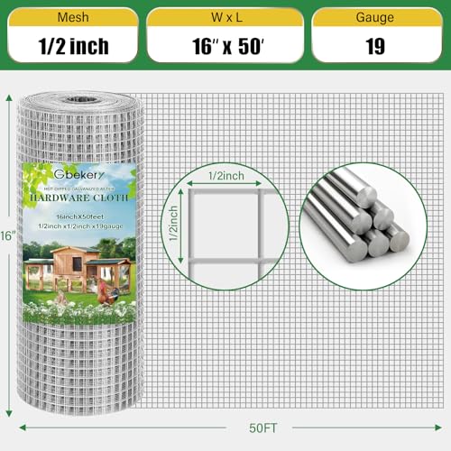 Gbekery Hardware Cloth 1/2 inch 16in x 50ft 19 Gauge, Hot-dip Galvanized After Welding Chicken Wire Mesh Roll Garden Plant Welded Metal Wire Fencing Roll, Rabbit Cages Snake Fence - color: Silver, size: 1/2 inch 16in x 50ft