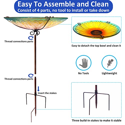 Glass Bird Bath for Outside, Standing Birdbath Yard Decor-Sunflower Yellow | Bird Bath, Sunflower Glass Birdbath Bowl Detachable, Bird Feeders with Metal Stake for Outdoors Garden Decor - color: Standing Sunflower Yellow