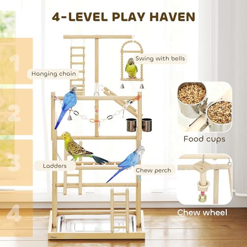 PawHut Bird Playground 4 Layer Wooden Parrot Play Stand for Parakeets | Ladders, Chain Toy, Stainless Steel Cups and Tray, Bird Cage Accessories, for Cockatiels, Finches, Lovebirds, Budgie