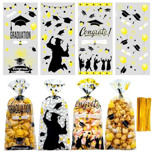 Soarvita 100PCS Graduation Cellophane Treat Bags: Double-Sided Printed Graduation Candy Bags with Gold Twist Ties, Clear Goodie Bags for Graduation Party Favors, Cookies, Popcorn, Gifts (Black Gold) - color: Graduation-100pcs