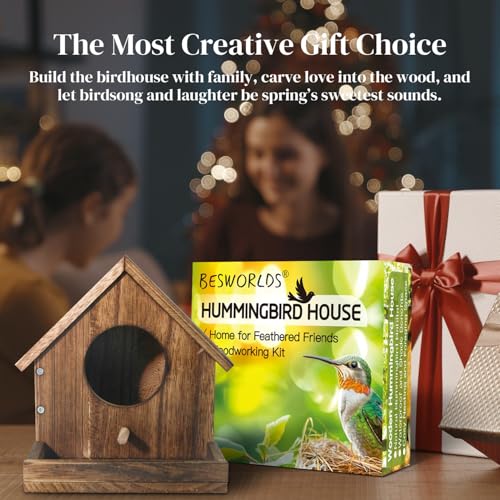 DIY Wooden Hummingbird House Assembly Kit for Outside Hanging | Humming Bird House with Bird Feeder and Transparent Viewing Window for Outdoors, Great Garden Decoration Gift for Bird Lovers