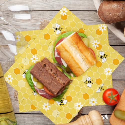 JarThenaAMCS 150 Pcs Summer Bee Wax Paper Yellow Honeycomb Deli Paper Cute Daisy Food Sandwich Wrap Waterproof Oil-Proof Picnic Basket Liners for Party Kitchen Supplies - color: Bee