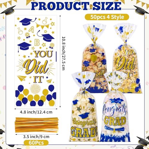 QOIUSO 50 PCS Graduation Cellophane Treat Bags - Congrats Graduates Candy Plastic Clear Goodies Wrapping Bags with 60 PCS Twist Ties for Graduation Day Grad Party Supplies - color: Graduation-50pcs