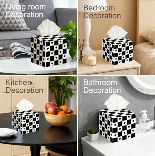 Checkerboard Heart Tissue Box Cover, PU Leather Holder Decor for Living Room/Bathroom/Kitchen, Gift for Style-Focused Homeowners, Gift for Goth Alternative Style Lovers & Self - Expression. - color: White Decoration Theme-04