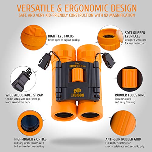 BeBison Binoculars for Kids - 8x21 High Resolution Real Optics - Compact Folding Shockproof Kids Binoculars for Bird Watching - Spy Games - Outdoor Play for Boys and Girl - color: Orange