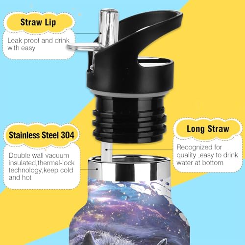 Wolf Water Bottles for Boys Starry Sky Leakproof Insulated Flask Jug Insulated Stainless Steel Travel Mugs Thermos Bottle Cups with Straw Lid for Sport 600ml - color: black wolf running