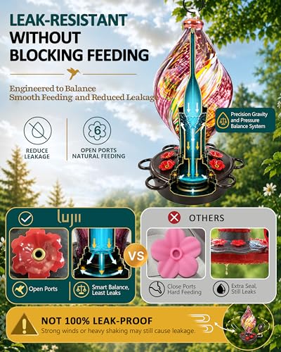 LUJII Smart Hummingbird Feeder with Camera, Hand Blown Glass for Outdoor Hanging, Solar WiFi Feeder with Live View App, 6 Feeding Ports, Leak-Resistant Design, Ant Moat & Gift Box, 28 fl oz, Purple - color: Purple, size: Large