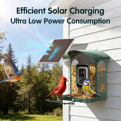 Bird Feeder with Camera, 4K Ultra HD Video with 30fps Live View, 10x Slow Motion, No Subscription, Solar Powered AI Smart Bird Feeder with Camera, 2.4G/5G Wi-Fi, Durable Metal,Bird Lover Gift