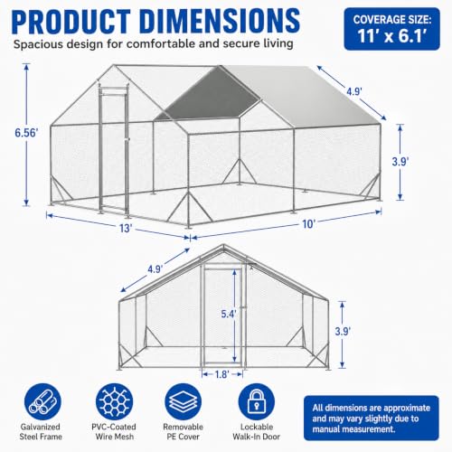Large Metal Chicken Coop Run with Removable PE Cover, Walk-in Galvanized Steel Poultry Enclosure with PVC-Coated Wire Mesh and Lockable Door for Chickens, Ducks and Rabbits (10'Lx13' W x6.56'H) - size: 10'Lx13' W x6.56'H