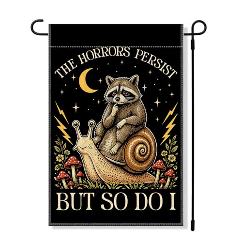 RZHV The Horrors Persist But So Do I Double-Sided Garden Flag for Outdoor House Yard Sign Garden Decor Parade, Fall Raccoon Snail Mushroom Front Yard Flag, Funny Social Justice Protest Outdoor Banner - color: Horrors J