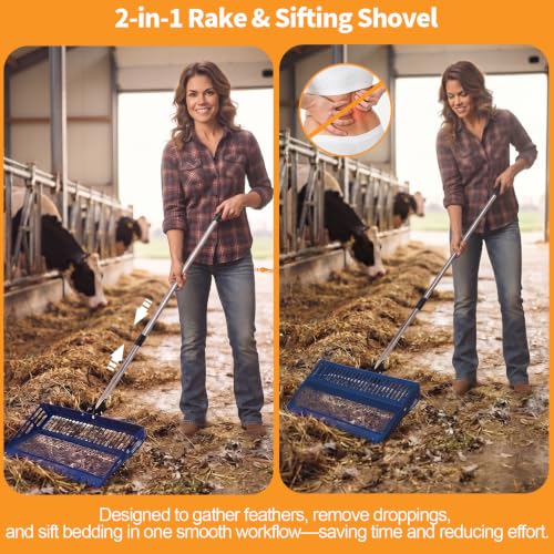Chicken Poop Scooper Rake, 2-in-1 304 Stainless Steel 15 Inch Scoop | 35-63 Inch Adjustable Handle, Durable 304 Stainless Steel, Sand & Litter Sifting, Chicken Coop & Pet Waste Cleaning - color: blue