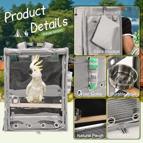 Bird Carrier Travel Cage, Cockatoo Carrier, Parrot Travel Backpack with Unbreakable Stainless Steel Mesh, Perch, Water Bottle and Food Bowl, X-Large Grey - color: Grey, size: 17.5"L x 14.8"W x 23.6"H