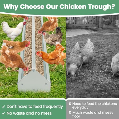 45 Inches Long Chicken Feeding Trough, Heavy Duty Galvanized Steel Chicken Feeder with Crossbar and Drainage Holes, Large Capacity Poultry Feeder Trough for Duck Geese Pigeon