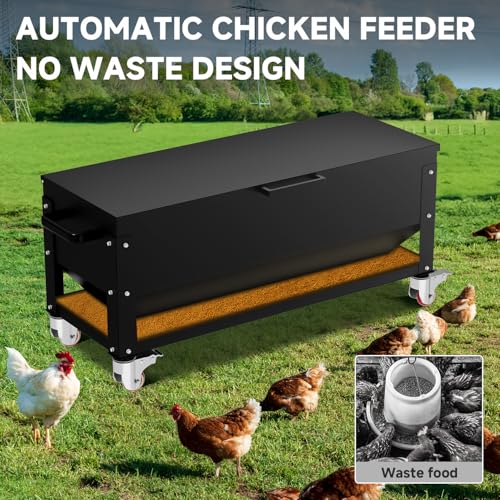 Portable Metal Chicken Feeder with Waterproof Lid, Freestanding Chicken Feeding Box with 120 lbs Large Capacity for Chickens, No Waste Gravity Poultry Feeder