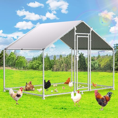 Large Metal Chicken Coops 6.4Lx9.84Wx6.6H FT for 8/10/16 Chickens with Run, Walk in Chicken Run Chicken Pen with Cover and Feeding Door, Spire Poultry Cage Hen House for Yard with Cover - size: 6.4'L x 9.84'W x 6.6'H