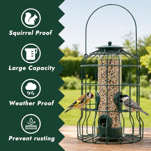 Squirrel Proof Bird Feeder, Metal Caged Outdoor Hanging Seed Feeder with Rainproof Cover & 4 Feeding Ports, Chew Proof Weather Resistant Easy Clean Garden Yard Feeder for Small Wild Birds
