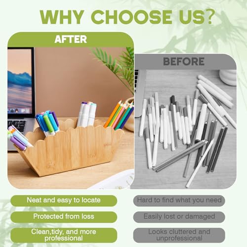 Jetec Scalloped Bamboo Wooden Pencil Holder, Wooden Desk Organizer with 4 Compartment for Pens, Markers, Makeup Brushes, Remote Controls, Silverware, Decorative Cute Desktop Organizer for Office Home - color: Natural