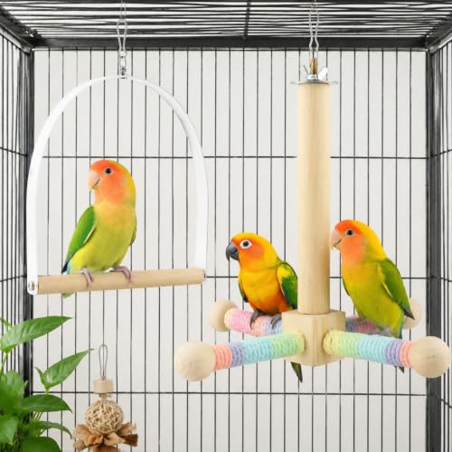 Spinning Bird Stand Perch, 360° Rotating Perch with Swing for Parrot Anxiety Relief, Wooden Bird Cage Accessories for Parakeets Budgies Cockatiels