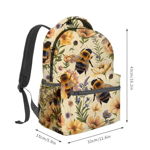 Retro Bee Backpack,Wildflower Cream Polyester Backpacks,Lightweight Double Shoulder Back Pack for Girls Women,Vintage Nature Bookbag,School Bag Gifts,Casual Travel Daypack Book Packs - color: Bee