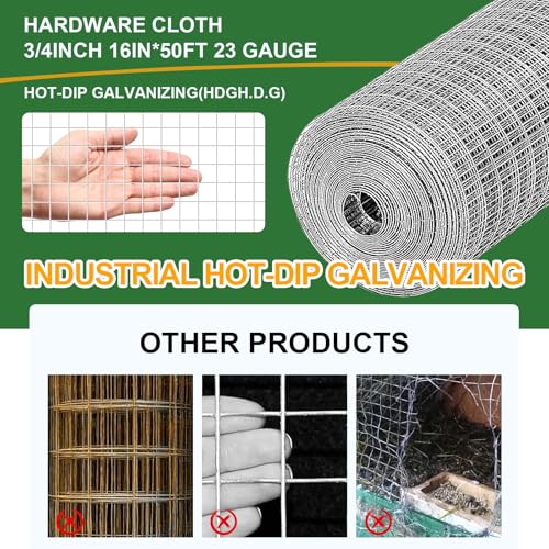 16in x 50Ft Hardware Cloth Hot-Dip Galvanized Welded Wire Mesh - Heavy Duty 3/4inch 23 Gauge Chicken Wire Fencing for Garden, Chicken Coop, Rabbit Cage, Rodent & Predator Protection - size: 16in x 50ft